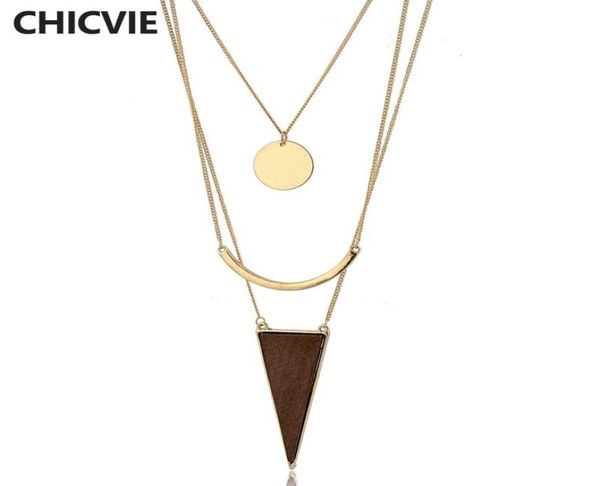

chicvie new arrivals triangle wooden pendant layers necklaces femme vintage accessories necklaces pendants for women sne1700273225243, Silver