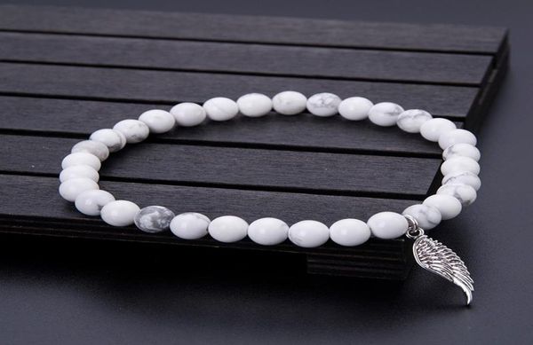 

charm bracelets minimalist 8mm natural white turquoise bracelet stone angel wing pendant beads braclet men women jewelry pulseras 1197643, Golden;silver
