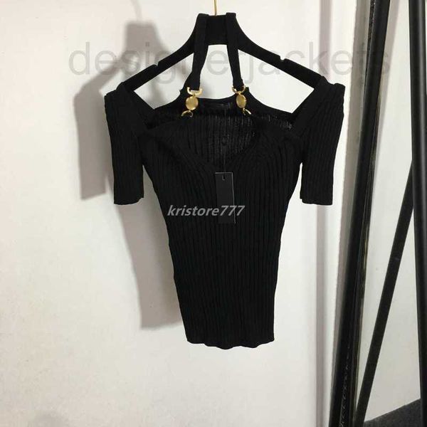 

women's t-shirt designer 23ss women tee knits t shirts with patchwork metal sign girls vintage crop luxury brand stretch short sleeve, White