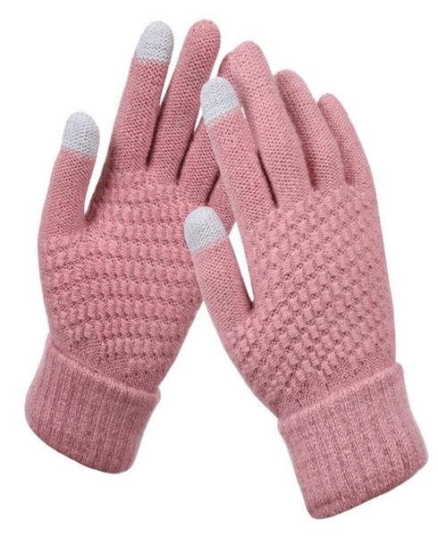 

trellis knitted glove solid color non slip thickening mittens winter warm lady touch screen wool gloves woman 4 2dq g24913747, White