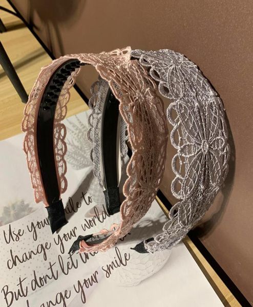 

wide side headband lace embroidery hollow out hair band with non slip tooth simple summer head hoop3509206, Silver