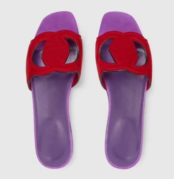 

designer slipper flat sandal leather interlocking cutout flat slide calfskin leather woman slippers cut-out slides sandal flats ladies fashi, Black