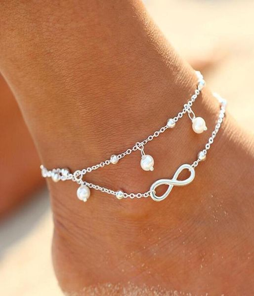 

vintage fashion summer beach anklet bracelet infinity foot jewelry pearl bead gold silver chain anklets foot chain for women5964068, Red;blue