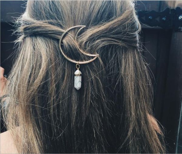 

hairpin silver plated moon style with 8 colors stone crystal pendant hexagon small prism for girls women gift6879988, Golden;silver