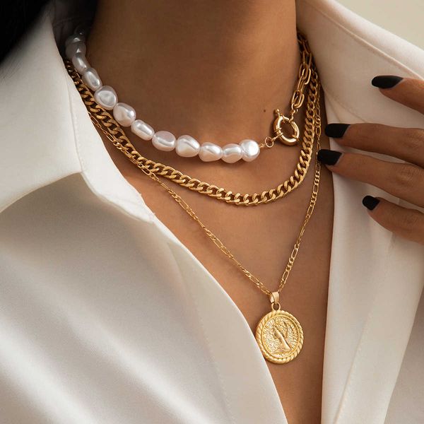 

pendant necklaces goth baroque pearl coin portrait necklace for women vintage multi layer link chain punk aesthetic jewelry 2023 230613, Silver