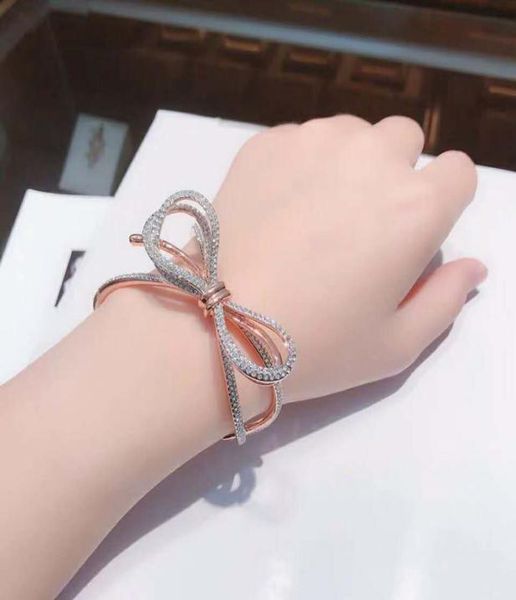 

new fashion women bracelet bnagles rose gold plated full cz bow bangles bracelets for girls women for party wedding nice gift1541550, Golden;silver