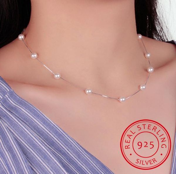 

925 sterling silver jewelry 12 pcs 6mm pearl box chain choker necklace kolye collares bijoux femme sn542647009