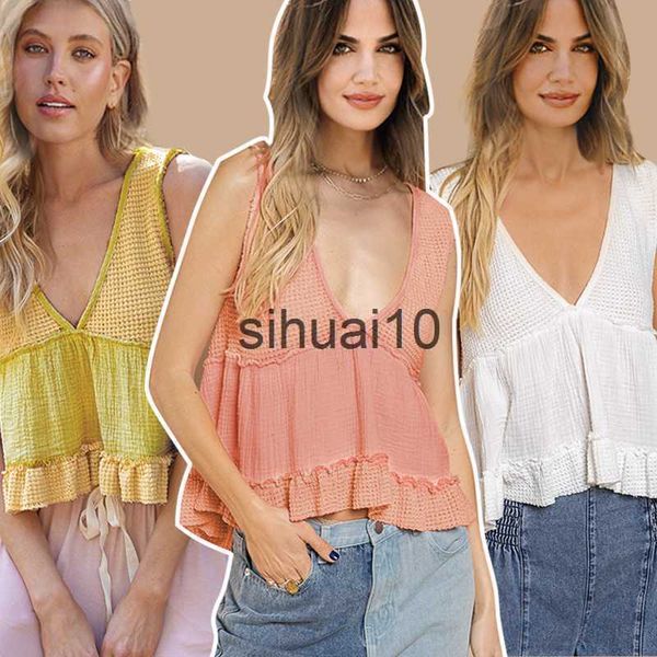 

women's t-shirt 2023 summer v neck women knitted camisoles ruffle hem spaghetti strap bohemian casual vest j230627, White