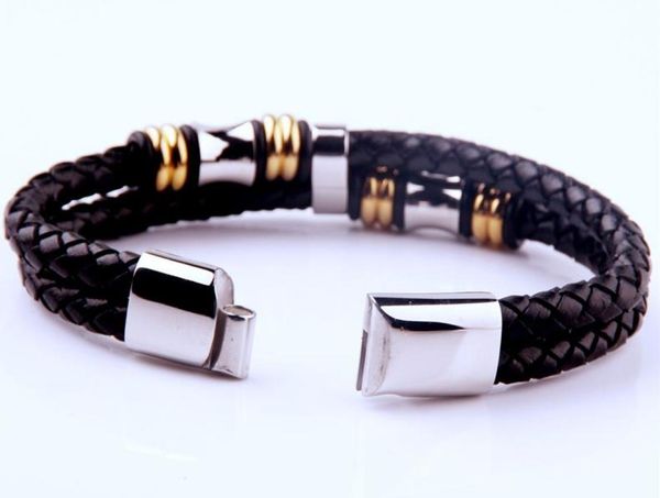 

leather woven titanium steel bracelet0123456789104370976, Golden;silver