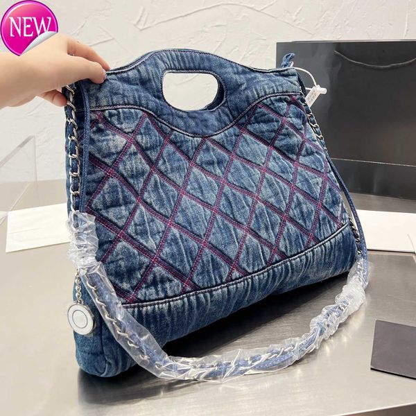

brand designer handbags shoulder bags tote women's fashion blue and black tote bags embroidered pattern silver metal chain volume cross