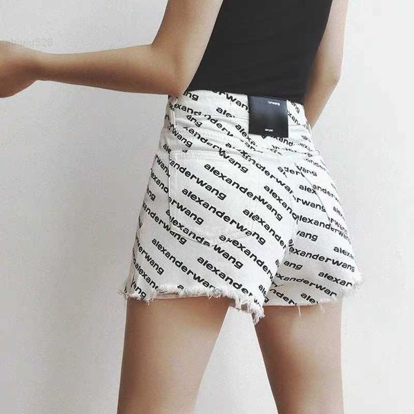 

2023 spring/summer new aw full print letter denim shorts women's high waist loose and slim king fur hem pants, White;black