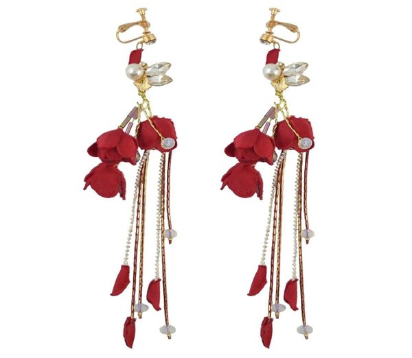 

fashion tassels alloy red cloth flower crystal faux pearl statement drop dangle earrings clip women039s engagement gift3849982, Silver