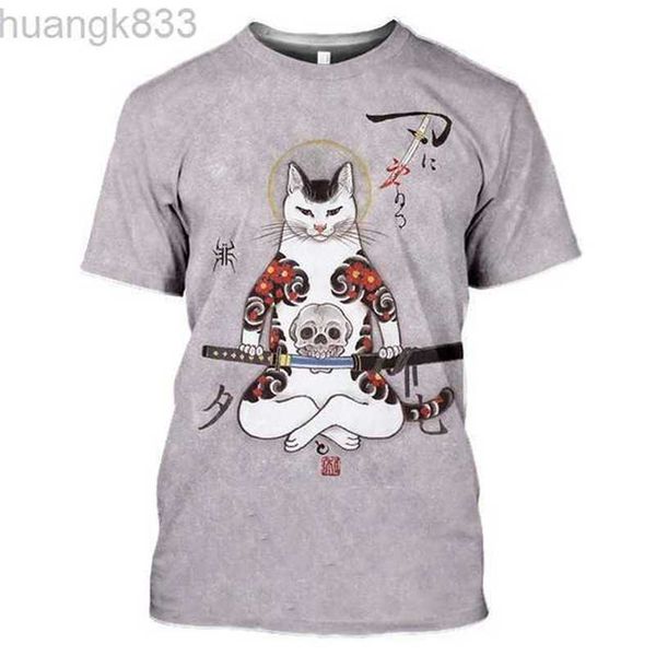 

2022 summer new skull tattood cat 3d digital print short sleeve men's and women's t-shirt, White;black