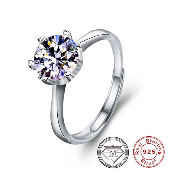

925 sterling silver moissanite rings 6 prong set solitaire rings adjustable size women wedding engagement ring jewelry