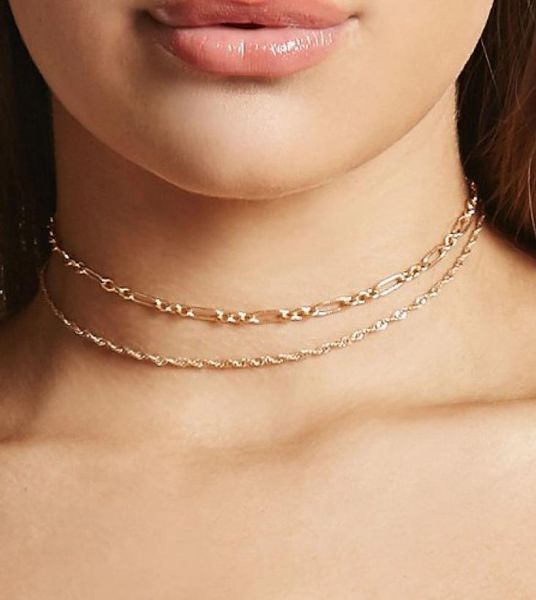 

2 layered link choker necklaces charm gold silver tone chokers fashion jewelry gift idea womens pendant necklaces4841291, Golden;silver