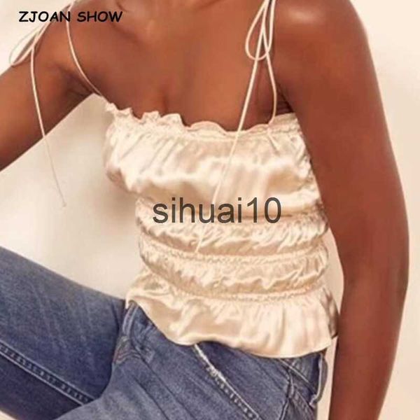 

women's t-shirt elastic ruched stain crop women summer camis lacing up bandage spaghetti strap ladies fold club tank j230627, White