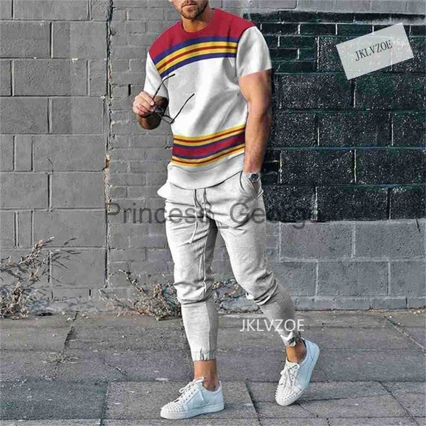 

men's tracksuits men's tracksuit 2 piece set jogger clothes stripe 3d printed short sleeve suit fall casual tshirtstrousers outfit, Gray
