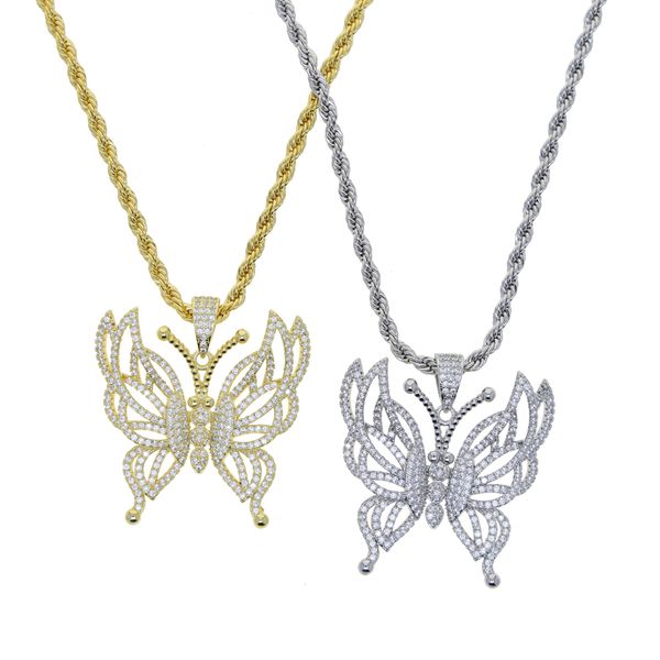 

new design butterfly pendant cjain necklace for womens lady 5a cubic zircon full paved hip hop gift jewelry, Silver