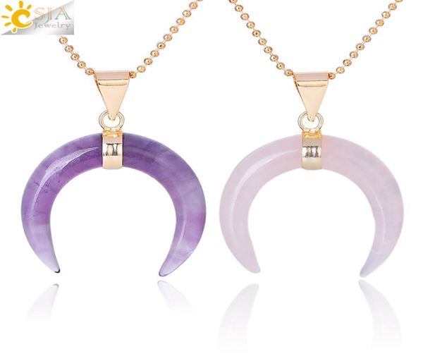 

csja natural stones crescent half moon necklaces pendant amethyst rose quartz white stone gold color reiki women charm jewelry han5802912, Bronze;silver
