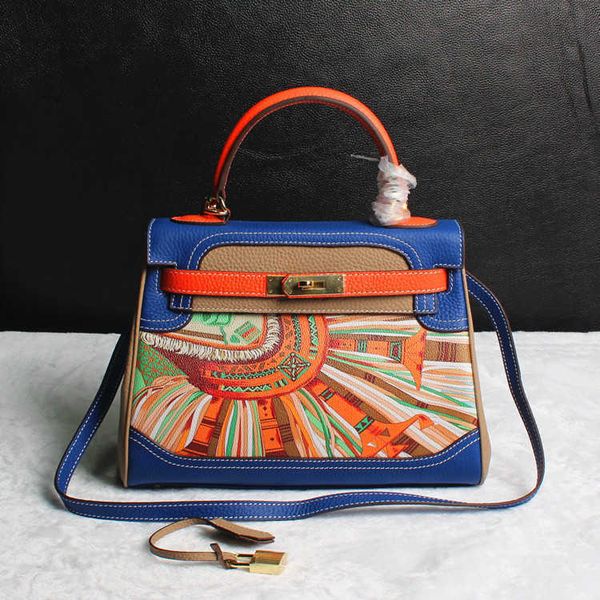 

h bag handheld h erme designer bags fashion graffiti color painting layer cowhide contrast matching women litchi pattern portable one should