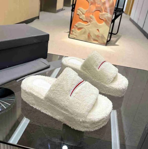 

casual shoes designer women slippers furry slide sandal wool platform winter fluffy scuffs warm letters sandals fuzzy flip flops, Black