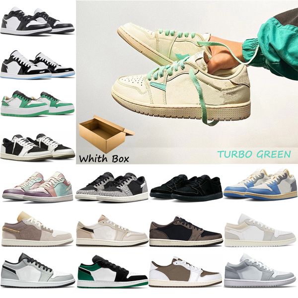 

with box jumpman 1 1s low mens basketball shoes black cement turbo green starfish true blue wolf grey tear away silver bred toe women sports