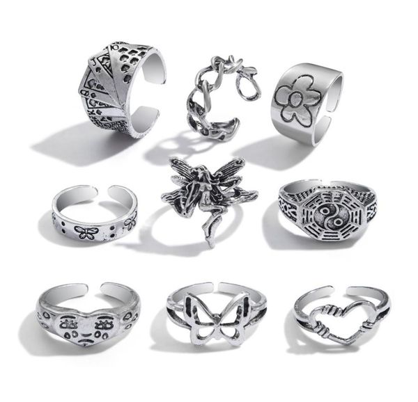 

9pcs vintage silver rings set for women,butterfly heart stacking ring adjustable5700784