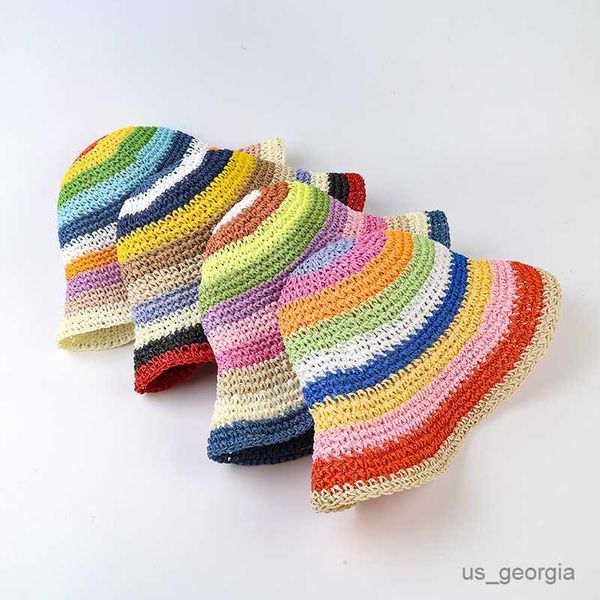 

caps summer rainbow striped bucket hat woman crochet beach fisherman hat foldable handmade weave sun hat female r230627, Blue;gray