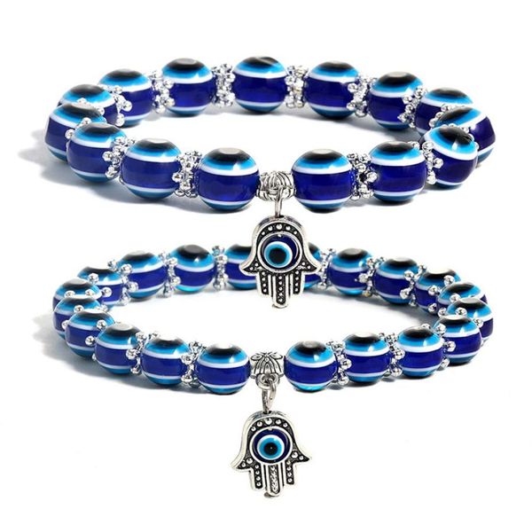 

fashion evil blue eye hamsa hand strands bracelet for women men elastic acrylic lucky turkish beads bracelets couple friend4902433, Black