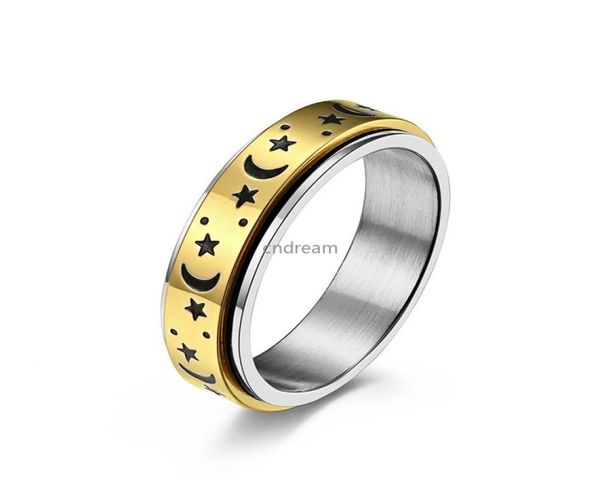 

rotable spinner band ring stainless steal engraved star moon rings finger for women men love rose gold relieving anxiety fashion j8597348, Silver