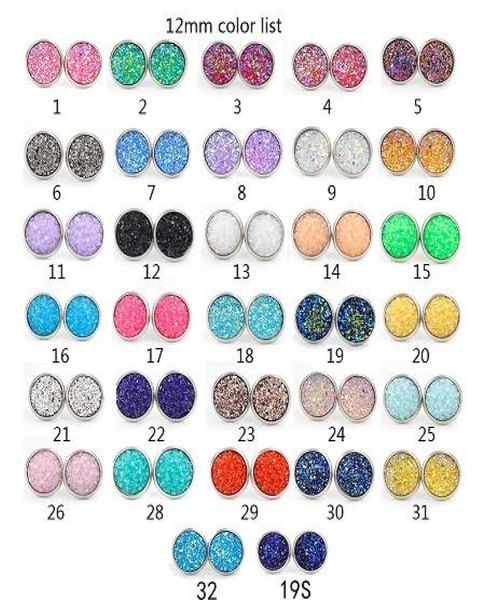 

8mm 12mm nice handmade resin round mermaid druzy earrings trendy simple stainless steel tone wholesaling resin stone earring for l8823547, Golden;silver