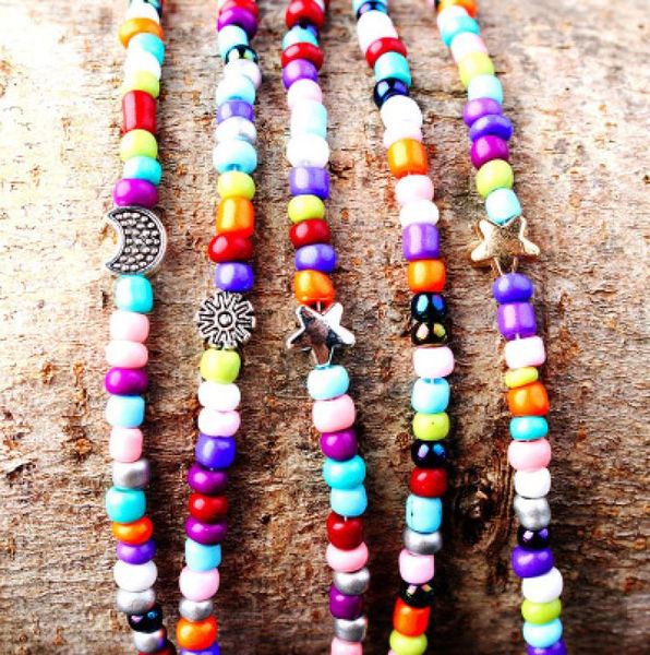 

multi color beads chain choker candy rainbow sun moon star natural stone glass chokers necklaces bohemian beach holiday jewelry gi6219910, Golden;silver