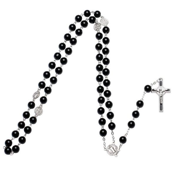 

black glass pearl catholic rosary necklace metal cross long necklace9294487, Silver