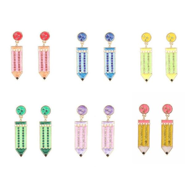 

fashion back to school season pencil dangle earrings women girls 6 colors sweet korean style rhinestone earring gift for teacher s2744083, Silver