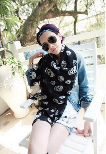 

big and small skull scarf chiffon long black and white shawl sunscreen pashmina women gift c08875496885, Blue;gray