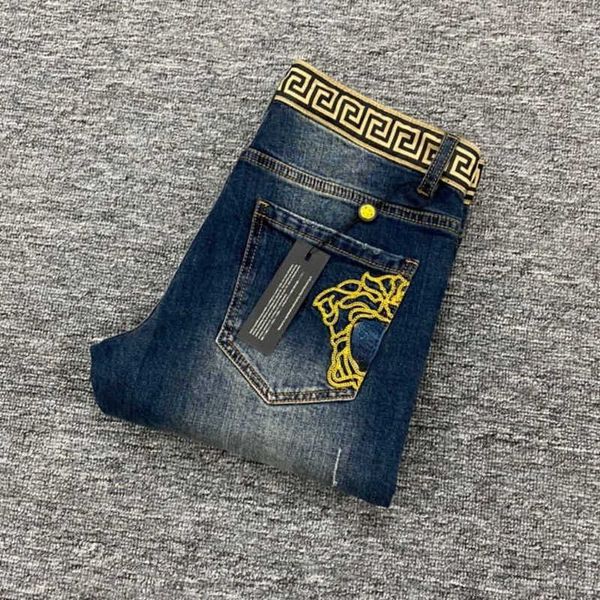 

men's jeans designer plus size mens medusa embroidered trousers luxury straight leg pants fashion vintage zipper access denim high, Blue