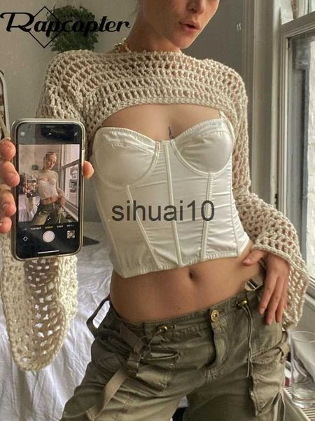 

women's t-shirt rapcopter y2k knitted crop hollow out loose o neck long sleeve smock women retro streetwear fashion tee chic knitwear j, White