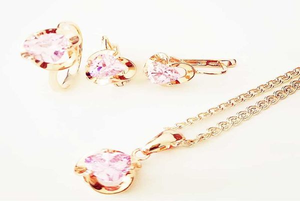 

jewelry set fashion rose gold romantic wedding accessories lady pink heart shaped cubic zircon earrings and necklace jewelry6418590, Slivery;golden
