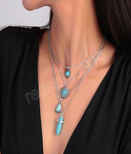 

boho water drop green stone geometric multilayer necklaces for women tassel retro wind sweater chain necklace collar jewelry8315339, Silver