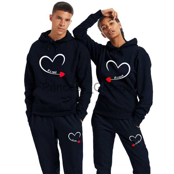 

men's tracksuits winter couple tracksuit i' with her print lover hoodie and pants 2 pieces clothes men sweatshirts women hoodies, Gray