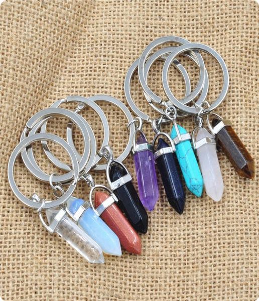 

new natural stone keychains hexagonal prism bullet quartz point healing crystals chakra charm key chains diy jewelry accessories i8510406, Silver