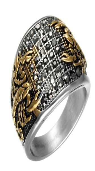 

316l stainless steel punk vintage black crystal scorpion pattern mens ring gold color round titanium ring size 714356s4792498, Silver