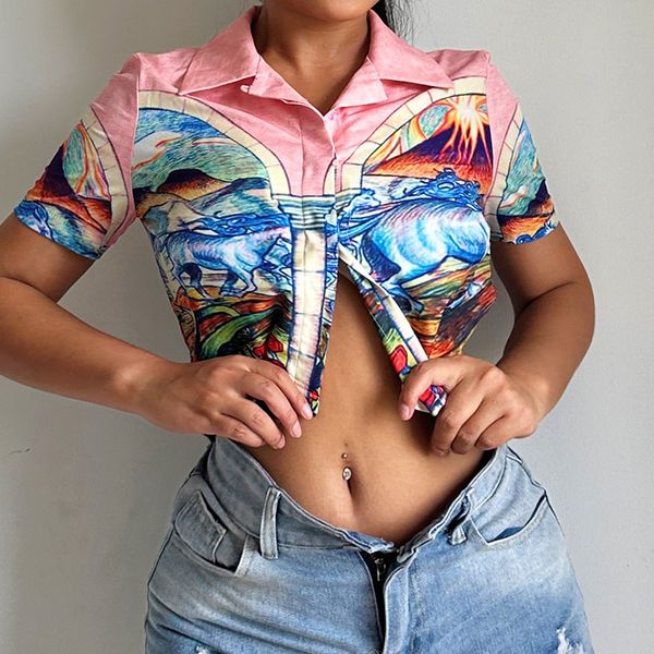 

women's t shirts 2023 beach holiday style loose landscape print short crop polo collar shirt t-shirt, White