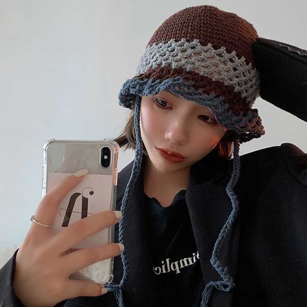 

caps women hollow knitted hat handmade crochet basin hat spring summer sunscreen sun gorra female r230627, Blue;gray