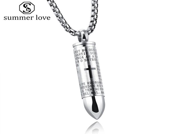 

stainless steel bullet pendant necklace for men creative religion engraved cross lord bible prayer necklace personality unscrewed 2645318, Silver