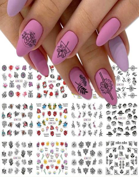 

12pcs water transfer decals floral jewelry nail stickers black geometry hollow designs wraps slider decoration manicure nails art 3657469