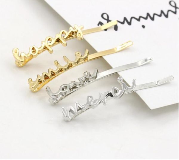 

letter happy smile love merci 1 shape with gold and silver plated for women fashion hair clip gift8143291, Golden;silver