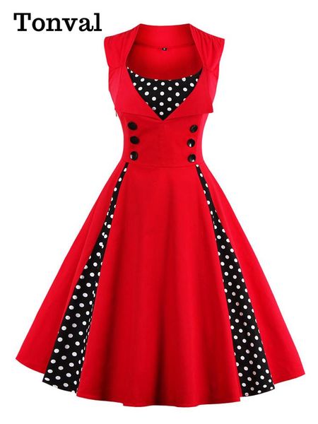 

dresses tonval elegant polka dot sleeveless pinup vintage retro dress women button high waist summer party 4xl 5xl cotton dresses, Black;gray