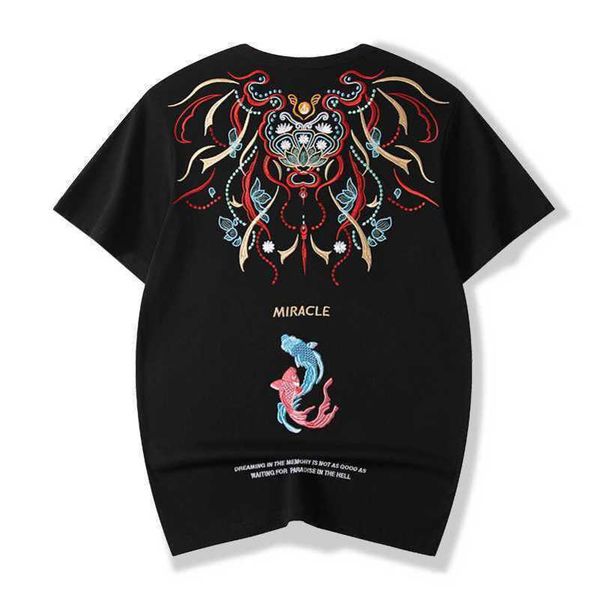 

ins tide brand china-chic chinese style koi embroidery cotton short sleeve t-shirt men's loose fashion large men's shirt, White;black