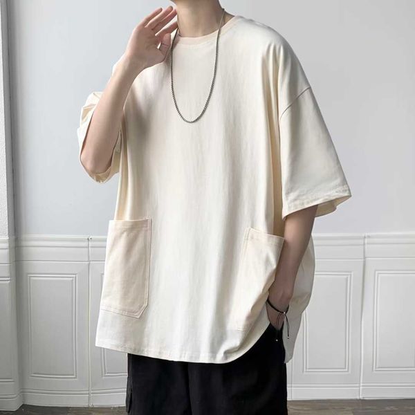 

short round neck sleeved t-shirt for men's summer 2023 new american retro trend versatile solid color loose casual bottom shirty8ol stu, White;black